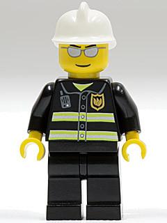 LEGO Minifigure-Fire - Reflective Stripes, Black Legs, White Fire Helmet, Silver Sunglasses-Town / City / Fire-WC021-Creative Brick Builders